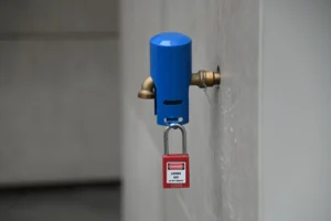 Pierre · 22/11/2025 · 6048 x 4024 Cette photographie met en scène un **robinet industriel bleu** fixé à une paroi grise, équipé d’un **verrouillage de sécurité rouge** avec une étiquette "DO NOT OPEN".La composition est simple et centrée, avec un cadrage serré. La lumière est naturelle et met en valeur les détails techniques. Les **couleurs dominantes** sont le bleu du robinet, le rouge du cadenas et le gris de la paroi, créant un contraste marqué. Le style est documentaire et fonctionnel, évoquant un environnement industriel ou sécurisé. L’ambiance est professionnelle et sérieuse, soulignant l’importance de la restriction d’accès.