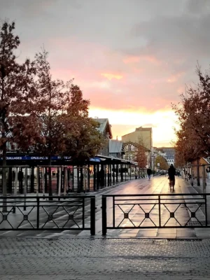 Cette photographie capture une scène urbaine au crépuscule. Le sujet principal est une promenade pavée bordée de rails de tramway et de rails métalliques. La composition met en valeur une perspective légèrement en contre-plongée, avec des arbres aux feuilles automnales à gauche.Les couleurs dominantes sont les tons chauds du coucher de soleil (oranges, roses) contrastant avec les verts et bruns des arbres. La lumière douce et tamisée crée une ambiance paisible et mélancolique. Le style est réaliste et naturel, évoquant une atmosphère calme et presque nostalgique.