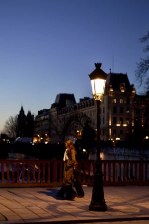 Cette photographie capture une scène nocturne urbaine. Le sujet principal est une personne en mouvement, vêtue d’un manteau clair, traversant un pont éclairé.La composition est équilibrée, avec un cadrage serré sur le sujet et un arrière-plan architectural. Les lampadaires et les bâtiments en arrière-plan créent une profondeur. La lumière douce et tamisée, typique du crépuscule ou d’un éclairage artificiel, donne une ambiance calme et mélancolique.Les couleurs dominantes sont les tons froids (bleutés) et les éclairages chauds (jaunes). Le style est réaliste et documentaire, évoquant une atmosphère poétique et introspective.