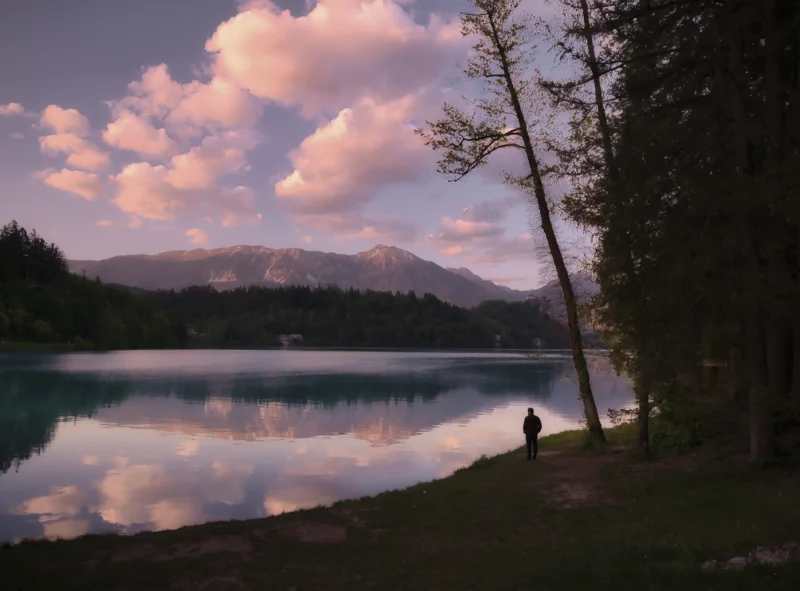 Ahmet · 09/05/2024 · 2600 x 1920 Cette photographie capture une scène paisible en pleine nature. Le **sujet principal** est un **lac calme** reflétant les nuages et les montagnes, avec une silhouette humaine assise sur la berge à droite.La **composition** est équilibrée, avec une **perspective symétrique** entre le ciel, l’eau et les arbres. Le **cadrage** est large, englobant un horizon lointain.La **lumière**, douce et tamisée, évoque un **crépuscule ou une aube**, créant une ambiance sereine. Les **couleurs dominantes** sont des teintes pastel : **bleu pâle, rose et gris**, renforçant la sérénité.Le **style** est réaliste et contemplatif, inspirant une **ambiance onirique et apaisante**.
