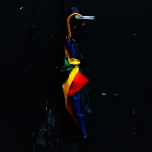 Philippe · 01/11/2025 · 3000 x 3000 Cette photographie met en scène un parapluie coloré, sujet principal, accroché à une surface sombre. La composition est épurée, centrée sur l'objet aux couleurs vives. Le cadrage serré isole le parapluie, attirant immédiatement l'attention.Les couleurs dominantes sont le bleu, le rouge, le jaune et le vert, typiques d'un arc-en-ciel, créant un contraste saisissant avec le fond noir. La lumière semble artificielle, mettant en valeur les teintes vives et les détails du parapluie.Le style est minimaliste et dramatique, renforcé par l'ambiance sombre et mystérieuse.