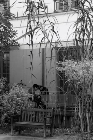 Philippe · 01/11/2025 · 2001 x 3000 Cette photographie en noir et blanc met en scène une personne assise sur un banc, partiellement cachée par des plantes. Le sujet principal est cette silhouette, entourée de végétation luxuriante et d’un bâtiment en arrière-plan.La composition joue sur les contrastes entre ombre et lumière, avec un cadrage serré qui isole la scène. Les lignes verticales des bambous encadrent la personne, créant une ambiance intimiste et contemplative. La lumière douce, probablement naturelle, accentue les textures et les ombres, renforçant le côté mélancolique et paisible. Le style est épuré, presque documentaire, avec une touche artistique grâce au jeu des ombres et des formes.