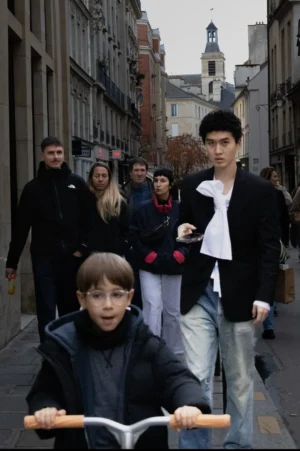 Muriel · 1080 x 1625 Cette photographie montre deux jeunes hommes en ville. Le sujet principal est le garçon au premier plan, assis sur un vélo, avec un regard direct vers l'appareil. La composition est dynamique, avec plusieurs personnes en mouvement dans une rue étroite.Le cadrage est serré sur les deux jeunes, mais inclut aussi l'arrière-plan urbain. La lumière semble naturelle, un peu grise, typique d'un jour nuageux. Les couleurs dominantes sont des tons neutres : gris, noir et marron, avec quelques touches de rouge et bleu.L'ambiance est urbaine et quotidienne, reflétant une scène de vie en ville.