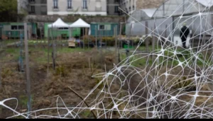 Muriel · 1080 x 617 Cette photographie montre un terrain vague enclos par une barrière de fil barbelé. Le sujet principal semble être l’espace extérieur, partiellement envahi par des herbes sèches et des plantes.La composition est simple, avec un cadrage serré sur le premier plan, où les barbelés dominent. L’arrière-plan révèle un terrain en friche et des bâtiments en pierre, partiellement cachés par des structures vertes, probablement des serres ou des abris.Les couleurs dominantes sont des tons terreux et gris, avec des touches de vert. La lumière est naturelle mais diffuse, créant une ambiance sobre et un peu mélancolique. Le style est réaliste et documentaire.
