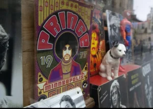 Muriel · 1080 x 772 Cette photographie montre principalement un poster de **Prince** (album *Prince*, 1979) en arrière-plan, avec une figurine de chien en premier plan. La composition est désordonnée, typique d’un magasin de disques ou d’objets vintage. Le cadrage est serré, mettant en valeur les détails des objets et des affiches.La lumière est tamisée, créant des ombres douces. Les couleurs dominantes sont les tons chauds (oranges, bruns) et les contrastes vifs du poster (violet, jaune). L’ambiance est rétro, nostalgique, évoquant un univers musical et culturel des années 70-80. Le style rappelle un marché aux puces ou une boutique spécialisée.