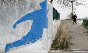 Franck T. · 22/11/2025 · 1000 x 606 Cette photographie met en scène un **panneau mural** avec une **flèche bleue** stylisée, partiellement effacée, sur un fond gris délavé. Le **sujet principal** est cette flèche, symbolisant une direction ou un chemin.La **composition** est simple, avec un **cadrage serré** sur le panneau, laissant peu de place à l’arrière-plan. On aperçoit une silhouette floue et une nature hivernale, suggérant un environnement urbain ou semi-urbain.Les **couleurs dominantes** sont le **bleu vif** de la flèche, contrastant avec le **gris** du mur et le **marron/vert** des éléments naturels. La **lumière** semble naturelle, froide et diffuse, renforçant une **ambiance mélancolique et minimaliste**. Le style est **réaliste et documentaire**.