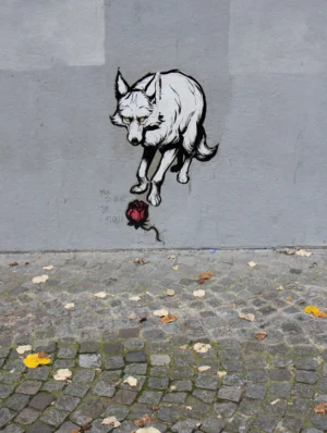 Vera · 22/11/2025 · 3556 x 4721 Cette photographie montre un graffiti représentant un renard stylisé tenant une pomme rouge dans sa gueule. Le sujet principal est ce dessin en noir et blanc sur un mur gris.La composition est simple et centrée, avec un cadrage serré sur le graffiti. La lumière semble naturelle, sans ombre marquée, éclairant uniformément la scène. Les couleurs dominantes sont le gris du mur, le noir du dessin, et la touche rouge de la pomme. Le style est épuré et graphique, évoquant une ambiance urbaine et artistique.
