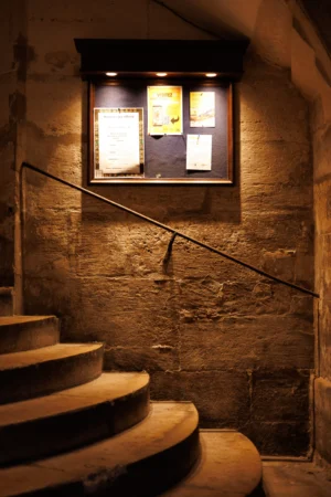 Claude · 3909 x 5864 Cette photographie montre un escalier en pierre menant à une petite fenêtre éclairée. Le sujet principal est l’escalier en colimaçon et la lumière douce filtrant par l’ouverture.La composition est symétrique et guidée par les marches et la rampe. Le cadrage est serré, mettant en valeur les textures rugueuses des pierres et la profondeur de l’espace.La lumière, tamisée et chaude, crée une ambiance intimiste. Les couleurs dominantes sont les tons terreux (beige, gris) avec des éclats dorés.Le style évoque un lieu historique ou rustique, renforçant une atmosphère mystérieuse et apaisante.