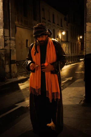 Claude · 4000 x 6000 Cette photographie met en scène un sujet principal vêtu d’une longue robe sombre, d’un châle orange vif et d’un chapeau. La composition est simple et centrée, avec un cadrage serré sur la personne.L’éclairage est tamisé, avec des sources lumineuses artificielles (lampadaires) créant des contrastes doux. Les couleurs dominantes sont les tons sombres de la nuit, rehaussés par l’orange éclatant du châle.Le style est sobre et réaliste, évoquant une ambiance intime et mélancolique, presque poétique, dans un cadre urbain nocturne.