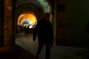 Thierry · 20/12/2025 · 3840 x 2560 Cette photographie met en scène un homme de dos comme sujet principal, marchant dans un couloir étroit et sombre. La composition joue sur les contrastes avec une lumière dorée en arrière-plan, créant une ambiance mystérieuse et dramatique.Le cadrage serré et légèrement flou isole le sujet, tandis que les autres personnes en arrière-plan sont peu distinctes. Les couleurs dominantes sont les tons chauds (or, brun) et les ombres froides, renforçant l'atmosphère nocturne et intimiste. Le style rappelle un flou artistique, typique des prises de vue en basse lumière, évoquant une ambiance contemplative et presque cinématographique.