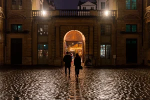 Marc · 20/12/2025 · 6882 x 4588 Cette photographie capture deux silhouettes marchant sous un arc de pierre dans une cour pavée. Le sujet principal est l’architecture classique et les deux personnes en mouvement.La composition est symétrique, centrée sur l’arche éclairée. Le cadrage est serré, mettant en valeur les détails architecturaux et l’ambiance nocturne. La lumière douce et chaude, provenant des lampadaires, crée des contrastes et accentue les ombres. Les couleurs dominantes sont les tons gris-beige des pavés et des murs, adoucis par des éclairages jaunâtres.Le style est réaliste et contemplatif, évoquant une ambiance calme et mystérieuse.