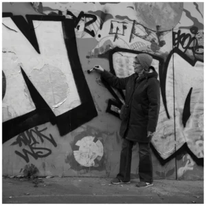 Marc Lavorata · 06/12/2025 · 1103 x 1103 Cette photographie en noir et blanc met en scène un homme, sujet principal, dos tourné, en train de graffer un mur tagué. La composition est équilibrée, avec l’homme positionné au centre, encadré par les graffitis. Le cadrage serré isole la scène, mettant l’accent sur l’action et l’environnement urbain.La lumière, naturelle et contrastée, accentue les ombres et les textures. Les couleurs dominantes, bien que monochromes, varient en nuances de gris, renforçant l’ambiance sombre et industrielle. Le style rappelle le street art et la photographie documentaire, créant une ambiance à la fois réaliste et esthétique, évoquant la rébellion et la culture urbaine.