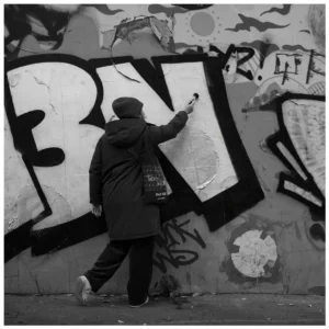 Marc Lavorata · 06/12/2025 · 1105 x 1105 Cette photographie met en scène un graffeur en train de peindre sur un mur tagué. Le sujet principal est l’artiste, vu de dos, en action.La composition est dynamique, avec un cadrage serré sur le mur et le graffeur. La lumière est naturelle, contrastée, créant des ombres marquées. Les couleurs dominantes sont les tons de gris, typiques d’une photo en noir et blanc, accentuant les contrastes et textures.Le style est urbain et artistique, évoquant une ambiance authentique et rebelle, typique de la culture street art.