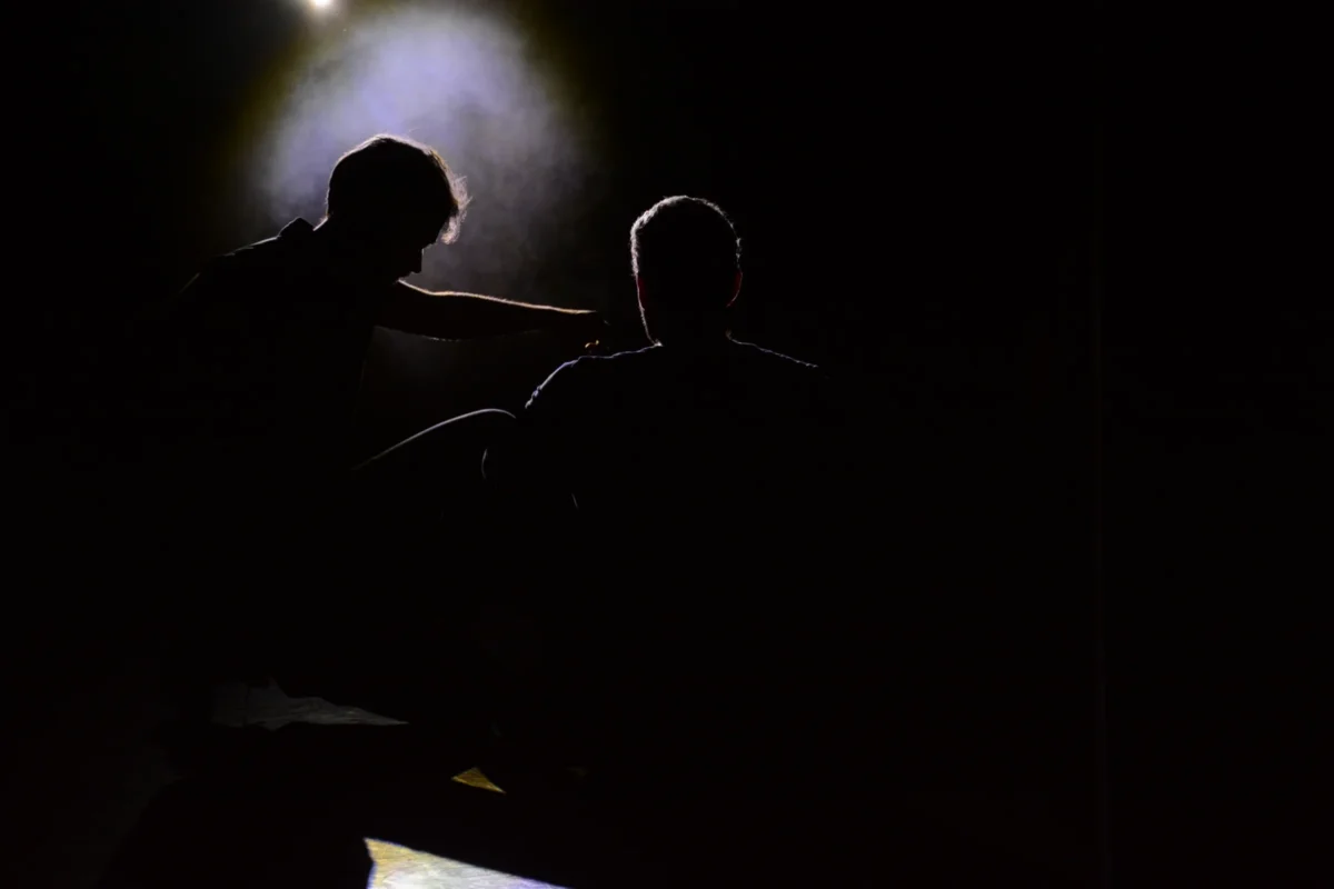 Olivier · 30/06/2019 · 6000 x 4000 Cette photographie montre deux silhouettes assises, probablement dans un lieu public comme un cinéma. Le sujet principal est l’ombre des deux personnes éclairées par une lumière latérale.La composition est simple, avec un cadrage serré centré sur les silhouettes. La lumière, provenant de la gauche, crée un contraste fort, accentuant les contours. Les couleurs dominantes sont les noirs et gris, avec des touches de lumière chaude.Le style est épuré et minimaliste, évoquant une ambiance mystérieuse et intime. L’atmosphère est sombre et contemplative, renforcée par les jeux d’ombres et de lumière.