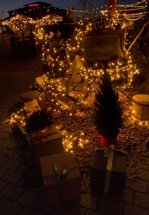 Cette photographie met en scène un **sapin de Noël décoré de guirlandes lumineuses dorées**. Le sujet principal est un **gros cadeau emballé** posé devant l’arbre, avec un ruban rouge et un chapeau noir.La **composition** est serrée, avec un **cadrage en gros plan** sur les décorations lumineuses et le cadeau. Les **lumières chaudes** créent une ambiance festive et chaleureuse. Les **couleurs dominantes** sont le **doré des guirlandes**, le **rouge du ruban** et le **noir du chapeau**.Le style évoque une **décoration traditionnelle et magique**, renforçant une **ambiance de Noël enchantée**.