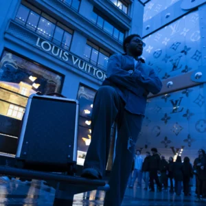 Cette photographie met en scène un homme en costume, silhouette principale, assis sur un banc avec une valise. La composition joue sur les contrastes entre l’ombre et la lumière. Le cadrage est serré sur l’homme, avec en arrière-plan une vitrine Louis Vuitton illuminée.Les couleurs dominantes sont les bleus nocturnes et les tons froids, accentués par les éclairages artificiels. Le style est urbain et moderne, évoquant une ambiance sophistiquée et élégante. L’atmosphère est à la fois calme et dynamique, reflétant une ville animée en soirée.