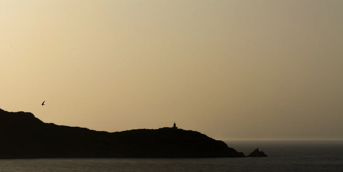 Laurent · 3840 x 1926 Cette photographie capture un paysage côtier au crépuscule. Le sujet principal est une silhouette de collines et une structure surélevée, probablement un phare ou une tour, en arrière-plan.La composition est épurée, avec une ligne d’horizon bien marquée. Le cadrage est large, englobant une étendue d’eau calme et le ciel. La lumière douce et tamisée crée une ambiance sereine et mélancolique. Les couleurs dominantes sont des tons chauds de beige, orange pâle et gris, typiques d’un coucher de soleil. Le style est sobre et contemplatif, évoquant la sérénité et la tranquillité de la nature.