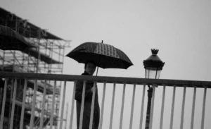 Franck T. · 20/12/2025 · 1400 x 853 Cette photographie en noir et blanc met en scène une silhouette féminine tenant un parapluie fermé. Le sujet principal est flou, créant un effet de mystère. La composition joue sur les contrastes entre les formes nettes (la rambarde, le lampadaire) et les éléments flous (la personne, l'arrière-plan).Le cadrage serré isole le sujet, tandis que la lumière douce et diffuse accentue l'ambiance mélancolique. Les tons gris dominent, renforçant une atmosphère contemplative et légèrement nostalgique. Le style rappelle le photojournalisme classique ou le réalisme poétique.