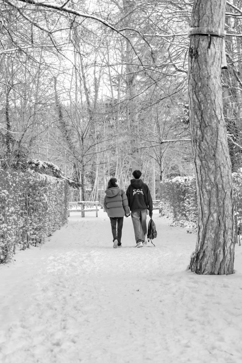 Claude · 2995 x 4492 Cette photographie en noir et blanc montre deux personnes marchant main dans la main dans un chemin enneigé. Le sujet principal est ce couple, dont les silhouettes se détachent sur le paysage hivernal.La composition est symétrique et guidée par le sentier central, bordé d’arbres dénudés. Le cadrage est serré, mettant l’accent sur les personnages et leur environnement immédiat. La lumière, douce et diffuse, crée une ambiance paisible et mélancolique. Les tons dominants sont les gris et noirs, renforçant l’aspect monochrome et froid de la scène. Le style est sobre et poétique, évoquant une atmosphère intemporelle et contemplative.