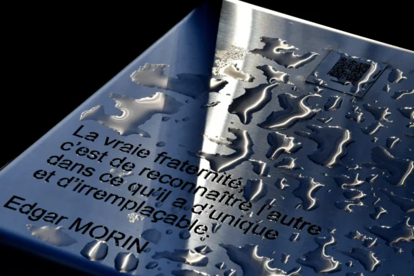 Vincent · 17/01/2026 · 5400 x 3600 Cette photographie met en scène une citation d’Edgar Morin gravée sur une surface métallique texturée. Le sujet principal est le texte en français, partiellement caché par une forme géométrique blanche et réfléchissante, évoquant une montagne ou une structure abstraite.Le cadrage est serré, mettant en valeur les détails du texte et de la texture. La lumière, naturelle et douce, crée des contrastes entre ombres et reflets, accentuant la profondeur. Les couleurs dominantes sont les tons froids (bleus, gris) et le blanc, renforçant une ambiance contemplative et presque mystique. Le style est épuré et artistique, évoquant une réflexion intellectuelle.