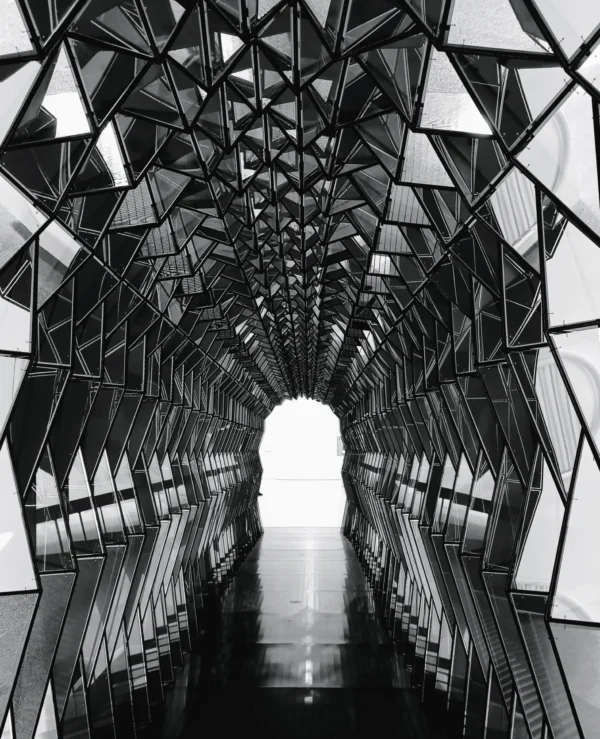 Emmanuelle · 22/01/2026 · 2886 x 3555 Cette photographie montre un tunnel architectural moderne aux structures géométriques complexes. Le sujet principal est la perspective linéaire des poutres métalliques triangulaires convergeant vers une lumière circulaire au loin.La composition repose sur un cadrage serré et symétrique, créant une impression de profondeur et de symétrie. La lumière, douce et uniforme, provient de l’extrémité opposée, accentuant les reflets et les ombres. Les couleurs dominantes sont les tons de gris et de noir, renforçant un style épuré et minimaliste.L’ambiance est à la fois futuriste et mystérieuse, évoquant une structure industrielle ou un espace architectural innovant.