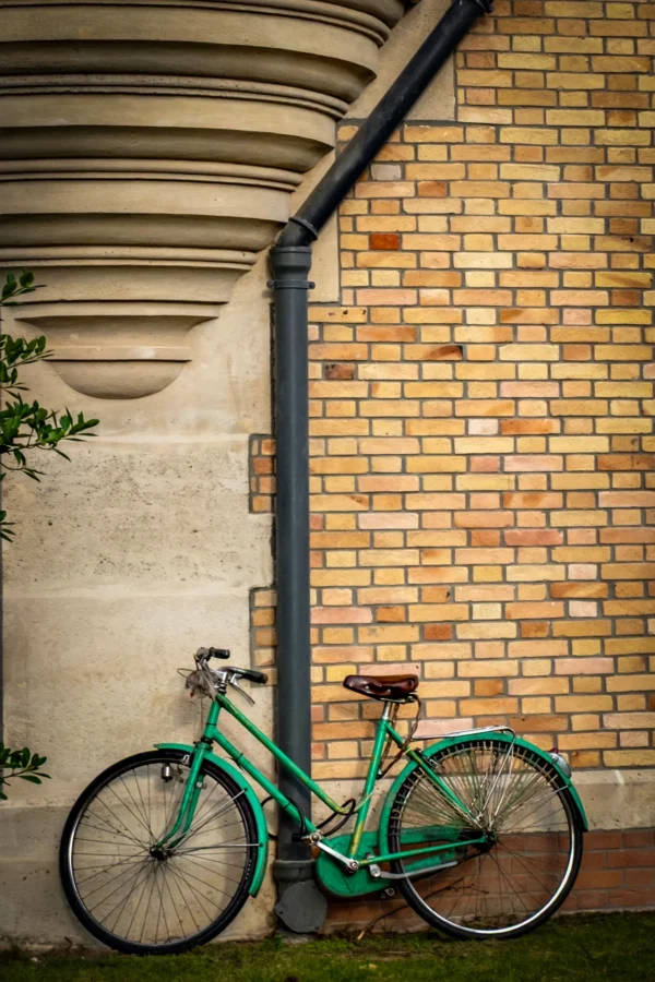 AnJo · 17/01/2026 · 1280 x 1920 Cette photographie met en scène un **vélo turquoise** comme sujet principal, adossé à un mur en briques rouges et une colonne blanche. La **composition** est simple et épurée, avec un cadrage serré sur le vélo et une partie du mur.La **lumière** est douce et naturelle, créant des ombres légères, tandis que les **couleurs dominantes** sont le vert turquoise du vélo, le rouge des briques et le beige de la colonne. Le style est **minimaliste et esthétique**, évoquant une ambiance **calme et intemporelle**, presque nostalgique.