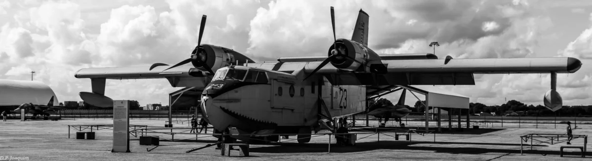 Pierre-Joaquim · 14/04/2015 · 5462 x 1487 Cette photographie en noir et blanc met en scène un **avion à coque et ailes hautes**, sujet principal, posé sur une aire d’atterrissage. La **composition** est horizontale, avec l’appareil centré et légèrement incliné vers l’avant.Le **cadrage** est serré, capturant l’avion dans son intégralité, avec un arrière-plan de structures aéroportuaires et de ciel nuageux. La **lumière** semble naturelle, douce, créant des contrastes modérés. Les **couleurs dominantes** sont les nuances de gris, typiques du noir et blanc, renforçant un **style rétro**.L’**ambiance** est à la fois nostalgique et technique, évoquant une époque révolue de l’aviation.
