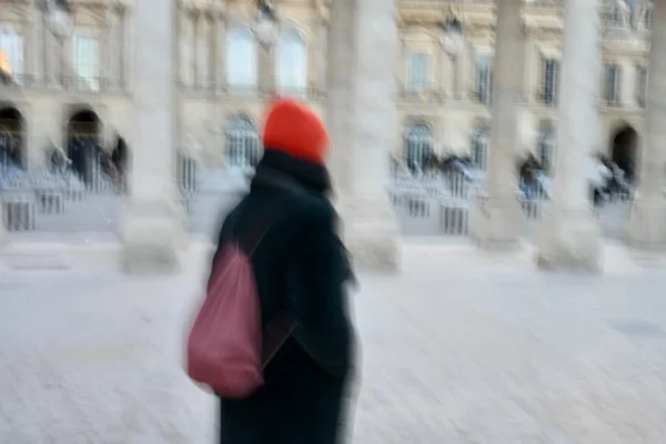 Xavier · 30/10/2025 · 4096 x 2731 Cette photographie montre une personne comme sujet principal, vue de dos, vêtue d’un manteau noir et d’un bonnet rouge, avec un sac rose. La composition est floue, mettant l’accent sur le mouvement et l’indistinction des détails. Le cadrage est serré, centré sur la silhouette, avec des colonnes architecturales en arrière-plan légèrement visibles.Les couleurs dominantes sont les tons froids (gris, blanc) et quelques touches chaudes (rouge, rose). La lumière semble naturelle, mais tamisée, créant une ambiance brumeuse et hivernale. Le style est réaliste et légèrement abstrait, évoquant une sensation de flou et de dynamique urbaine.