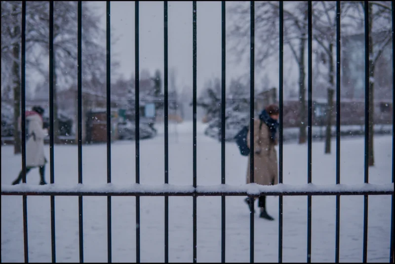 Frédéric · 05/01/2026 · 2510 x 1680 Cette photographie montre une femme comme sujet principal, vêtue d’un long manteau, marchant dans un parc enneigé. La composition est encadrée par des barres métalliques verticales, créant un effet de grille. Le cadrage est serré, mettant l’accent sur la silhouette solitaire.La lumière est douce et diffuse, typique d’un jour hivernal couvert. Les couleurs dominantes sont les tons froids : blanc de la neige, gris du ciel et des arbres dénudés, avec des touches de brun et de beige dans les vêtements.Le style est sobre et réaliste, évoquant une ambiance mélancolique et paisible.