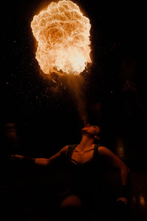 Frédéric · 1121 x 1680 Cette photographie capture un **numéro de feu**, où le sujet principal est une **boule de feu** tenue par une personne, probablement un artiste de rue ou un performeur.La **composition** est centrée sur l’effet lumineux, avec un **cadrage serré** qui isole la flamme. La **lumière** est intense et contrastée, créant une ambiance dramatique. Les **couleurs dominantes** sont les tons **oranges et jaunes** vifs de la flamme, sur un fond noir.Le **style** est dynamique et spectaculaire, évoquant une scène de spectacle. L’**ambiance** est mystérieuse et captivante, renforcée par l’obscurité environnante.