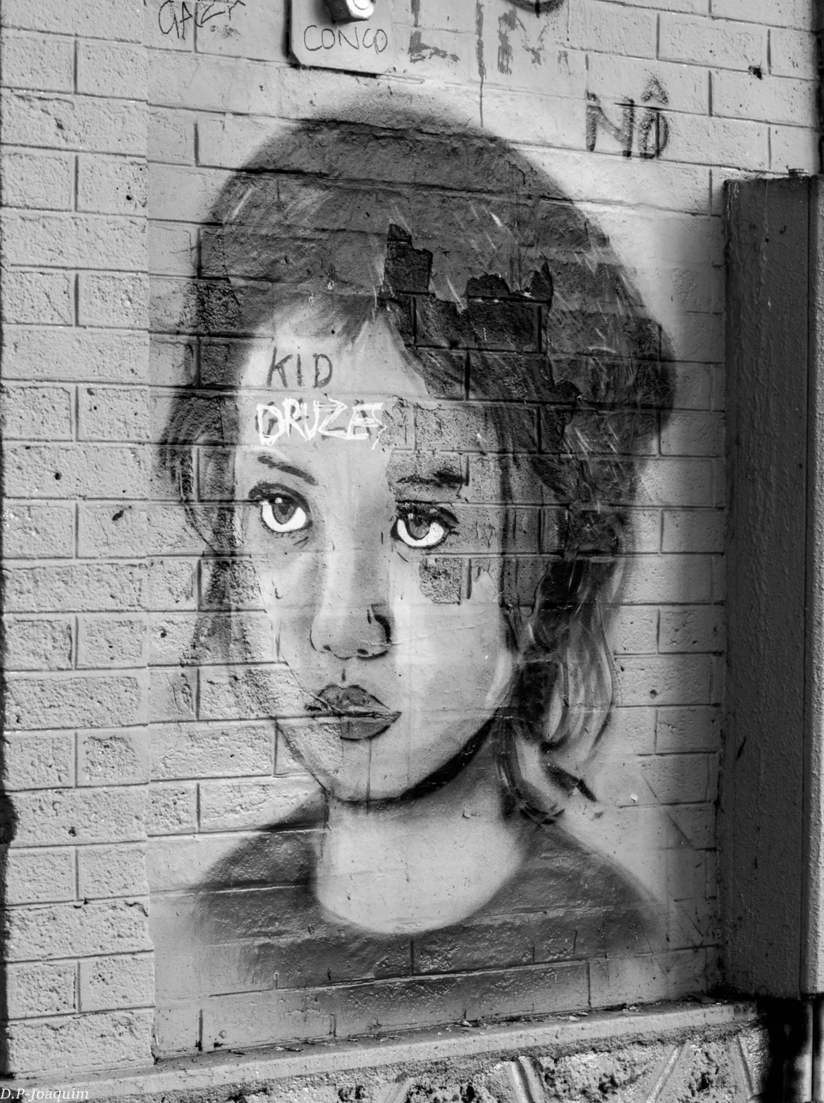 Pierre-Joaquim · 30/03/2015 · 3832 x 5125 Cette photographie montre un portrait urbain en noir et blanc. Le sujet principal est une jeune fille représentée en style graffiti sur un mur en briques. La composition est centrée sur son visage, avec des traits stylisés et des détails textuels ("KID 625").Le cadrage est serré, mettant en valeur les expressions et les éléments graphiques. La lumière semble naturelle, mettant en relief les contrastes. Les couleurs dominantes sont les nuances de gris, typiques d’une photo en noir et blanc.Le style est artistique et urbain, évoquant une ambiance à la fois mélancolique et rebelle.