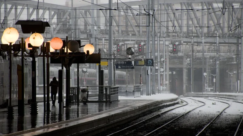 Franck T. · 07/01/2026 · 1400 x 788 Cette photographie montre une gare ferroviaire sous la pluie ou le brouillard. Le sujet principal est une voie ferrée avec des rails et des caténaires, encadrée par des structures métalliques.La composition est symétrique, avec des lignes directrices convergeant vers l’horizon. Le cadrage est serré, mettant en valeur les éléments architecturaux et techniques. La lumière est diffuse, atténuée par la pluie ou le brouillard, créant une ambiance grise et froide. Les couleurs dominantes sont les tons gris et métalliques, renforçant une atmosphère industrielle et mélancolique. Le style est réaliste et documentaire.