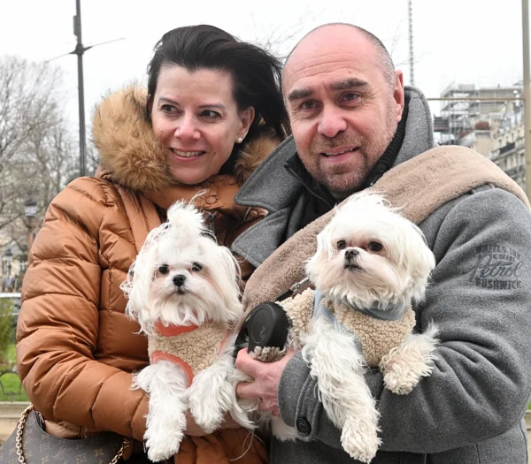 Mary · 14/02/2026 · 2784 x 2437 Cette photographie met en scène un couple souriant tenant deux petits chiens blancs. Le sujet principal est la complicité entre les personnes et leurs animaux.La composition est symétrique et harmonieuse, avec le couple au centre. Le cadrage est serré, mettant l'accent sur les visages et les chiens. La lumière est naturelle et douce, probablement en extérieur par temps nuageux. Les couleurs dominantes sont les tons neutres (beige, gris) et les touches de couleurs chaudes (vêtements marron et rouge des chiens).L'ambiance est chaleureuse et conviviale, évoquant un moment de bonheur partagé.