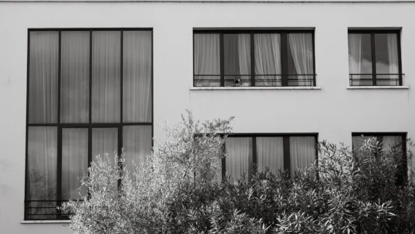 Jean-Marc · 21/02/2026 · 4824 x 2713 Cette photographie met en scène une façade moderne d’un bâtiment en pierre claire ou en stuc. Le sujet principal est la série de fenêtres rectangulaires, dont les balcons en métal contrastent avec les murs lisses.La composition repose sur des lignes verticales et horizontales bien définies, créant une symétrie géométrique. Le cadrage est serré, centré sur les fenêtres et partiellement masqué par des végétaux en bas.En noir et blanc, la lumière est douce, sans ombres marquées, soulignant les textures. Les tons clairs dominent, apportant une ambiance sobre et épurée, presque minimaliste.