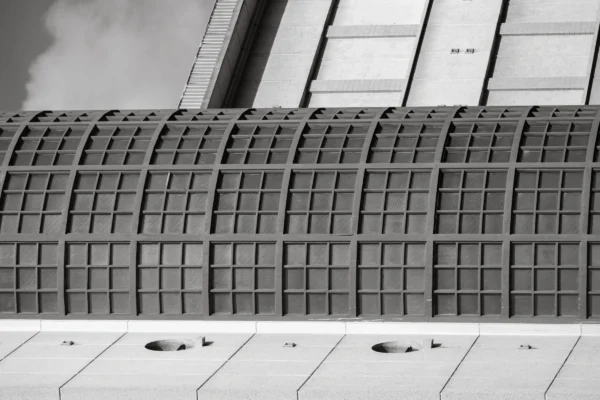 Jean-Marc · 21/02/2026 · 4307 x 2871 Cette photographie met en scène un bâtiment moderne aux lignes architecturales géométriques. Le sujet principal est une façade en forme de grille, composée de motifs répétitifs et symétriques.Le cadrage est serré, centré sur cette structure, avec une perspective légèrement inclinée. La lumière, naturelle et contrastée, accentue les ombres et les textures. En noir et blanc, les tons varient du blanc pur aux gris profonds.Le style est épuré et minimaliste, évoquant une ambiance industrielle et contemporaine, presque austère. Les jeux d’ombres renforcent la profondeur et la rigueur architecturale.
