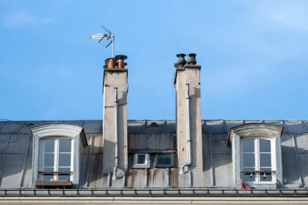 Daniel · 3126 x 2084 Cette photographie montre des **toits d’immeubles** avec des **cheminées** et des **antennes** comme sujets principaux. La composition met en valeur une architecture urbaine classique, avec des fenêtres alignées et des détails architecturaux typiques.Le **cadrage** est serré, centré sur les toits, sous un ciel dégagé. La **lumière** est naturelle et claire, créant des contrastes nets. Les **couleurs dominantes** sont les tons gris-beige des bâtiments, rehaussés par le bleu pâle du ciel.Le style est **documentaire et réaliste**, évoquant une ambiance **urbaine et légèrement vintage**. L’image dégage une impression de calme et de simplicité.