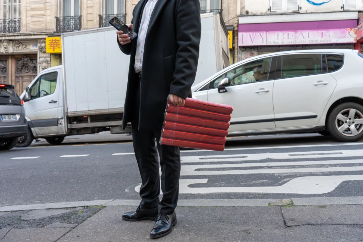Marc · 30/11/2025 · 7008 x 4672 Cette photographie met en scène un homme en costume, sujet principal, tenant un téléphone et une mallette rouge. Le cadrage est serré sur ses jambes et le bas du corps, excluant son visage.La composition est dynamique, avec une perspective basse et un arrière-plan flou montrant des véhicules et un trottoir urbain. La lumière semble naturelle, légèrement contrastée, créant des ombres douces. Les couleurs dominantes sont les tons neutres (gris, noir) et le rouge vif de la mallette, apportant une touche de contraste.L’ambiance est moderne et professionnelle, évoquant une ville animée.