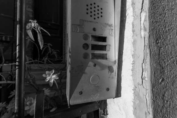 Marc · 07/02/2026 · 7008 x 4672 Cette photographie en noir et blanc met en scène un **interphone mural** abîmé, sujet principal, encadré par une plante grimpante et des éléments métalliques rouillés.La **composition** est serrée, avec un cadrage rapproché qui accentue les détails usés. La **lumière** est naturelle, contrastée, créant des ombres marquées et soulignant les textures rugueuses.Les **couleurs dominantes** sont les nuances de gris, renforçant une ambiance **désuète et mélancolique**. Le style, sobre et réaliste, évoque une **atmosphère de négligence et de passage du temps**.