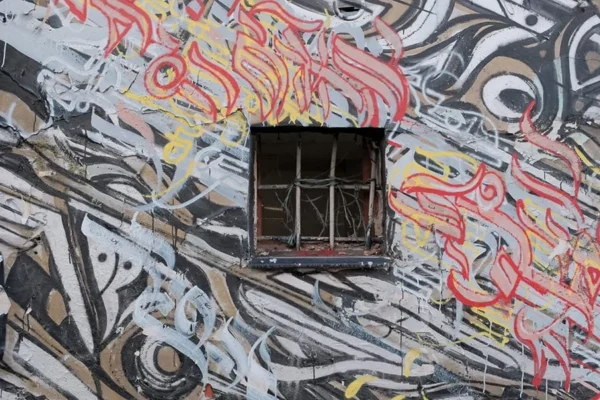 Dominique · 900 x 600 Cette photographie met en scène un **mur recouvert de graffitis**. Le **sujet principal** est une fenêtre centrale entourée de tags colorés et stylisés.La **composition** est dynamique, avec des motifs variés et superposés. Le **cadrage** est serré, centré sur la fenêtre et les motifs environnants. La **lumière** semble naturelle, mettant en valeur les contrastes.Les **couleurs dominantes** sont vives : rouge, noir, jaune et blanc. Le **style** est urbain et artistique, typique du street art. L’**ambiance** est énergique et créative, reflétant l’expression libre et audacieuse des artistes.