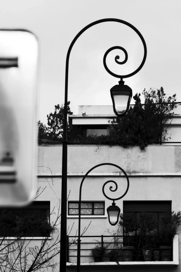 Thomas · 21/02/2026 · 2048 x 3081 Cette photographie en noir et blanc met en scène deux lanternes murales ornées de volutes métalliques, fixées à une clôture. Le sujet principal est ces lanternes, encadrées par des branches et des bâtiments en arrière-plan.La composition est symétrique et équilibrée, avec un cadrage serré qui isole les lanternes. La lumière, douce et diffuse, crée des contrastes nets entre ombres et clartés. Les tons dominants sont les gris et noirs, renforçant une ambiance rétro et mélancolique. Le style évoque un certain classicisme, avec une touche d'élégance désuète. L'atmosphère est calme et intemporelle.