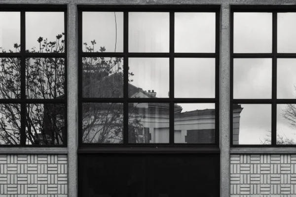 Don · 5506 x 3671 Cette photographie en noir et blanc met en scène une fenêtre divisée en petits carreaux, reflétant partiellement un bâtiment extérieur et des branches d'arbre.La composition repose sur un cadrage serré, centré sur la fenêtre entourée de motifs géométriques en bas-relief. La lumière, douce et diffuse, crée des contrastes subtils et des ombres légères. Les couleurs dominantes, bien que monochromes, jouent sur les nuances de gris et de noir.Le style évoque une esthétique minimaliste et architecturale, renforçant une ambiance calme et intemporelle, presque mélancolique.