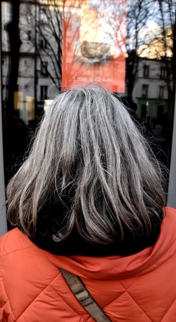 Franck T. · 768 x 1400 Cette photographie montre une personne vue de dos, avec une chevelure grise et longue. Le sujet porte une veste orange et un sac à bandoulière.La composition est simple, centrée sur la silhouette. Le cadrage serré isole le sujet, avec un arrière-plan flou et légèrement lumineux.Les couleurs dominantes sont les tons chauds (orange, rouge) et les gris de la chevelure. La lumière semble naturelle, douce et légèrement tamisée, créant une ambiance calme et intime. Le style est sobre et réaliste.