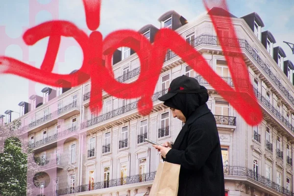 Pascale CHESNOT · 07/03/2026 · 1000 x 666 Cette photographie met en scène une personne vêtue d’un manteau noir et d’un chapeau, marchant devant un immeuble parisien. Le sujet principal est flouté, attirant moins l’attention que le graffiti géant rouge "DIONYSOS" en arrière-plan.La composition joue sur le contraste entre le flou artistique du premier plan et le texte net du graffiti. Le cadrage est serré sur la silhouette, avec un arrière-plan urbain. La lumière est naturelle, probablement en journée, avec un éclairage doux. Les couleurs dominantes sont le noir du manteau, le rouge vif du graffiti et les tons neutres de l’immeuble. L’ambiance est à la fois urbaine et artistique, mêlant anonymat et expression visuelle forte.