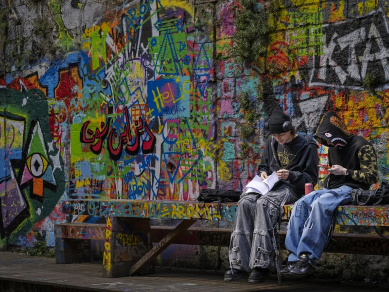 Cette photographie montre un homme assis sur un banc, absorbé par un livre ou un appareil photo. Il porte un chapeau et une veste sombre.La composition met en valeur le contraste entre le sujet et un mur coloré de graffitis. Le cadrage est serré, centré sur l’homme et le banc, avec le mur en arrière-plan.Les couleurs dominantes sont vives et variées (jaunes, roses, bleus), typiques du street art. La lumière semble naturelle, tamisée, créant une ambiance à la fois calme et dynamique. L’atmosphère est à la fois urbaine et introspective.