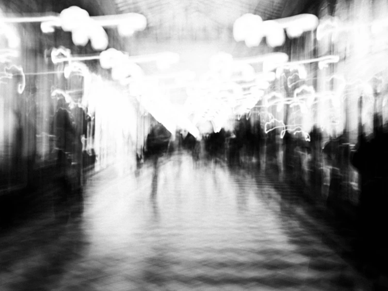 Galerie Véro-Dodat Cette photographie en noir et blanc capture une scène floue et dynamique, probablement une rue animée. Le sujet principal semble être les silhouettes et mouvements des passants, suggérés par les traînées lumineuses. La composition est symétrique, avec une perspective centrale menant vers l’horizon.Le cadrage est large, englobant un espace urbain. La lumière, diffuse et surexposée, crée un effet de flou artistique. Les couleurs dominantes sont les nuances de gris, renforçant l’ambiance onirique et moderne. Le style, abstrait et impressionniste, évoque un sentiment de vitesse et d’énergie, typique des photographies urbaines expérimentales.