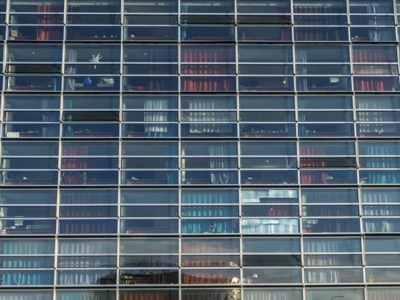 Cité universitaire Cette photographie met en scène un immeuble moderne aux façades en verre et métal. Le sujet principal est la structure architecturale, composée de multiples fenêtres reflétant le ciel et d'autres bâtiments.Le cadrage est serré, mettant en valeur les lignes verticales et horizontales. La lumière, naturelle et tamisée, crée des reflets bleutés et des contrastes doux. Les couleurs dominantes sont les teintes froides de gris, bleu et noir, renforçant une ambiance urbaine et contemporaine. Le style est épuré et minimaliste, évoquant une atmosphère à la fois dynamique et apaisante, typique des grandes villes modernes.