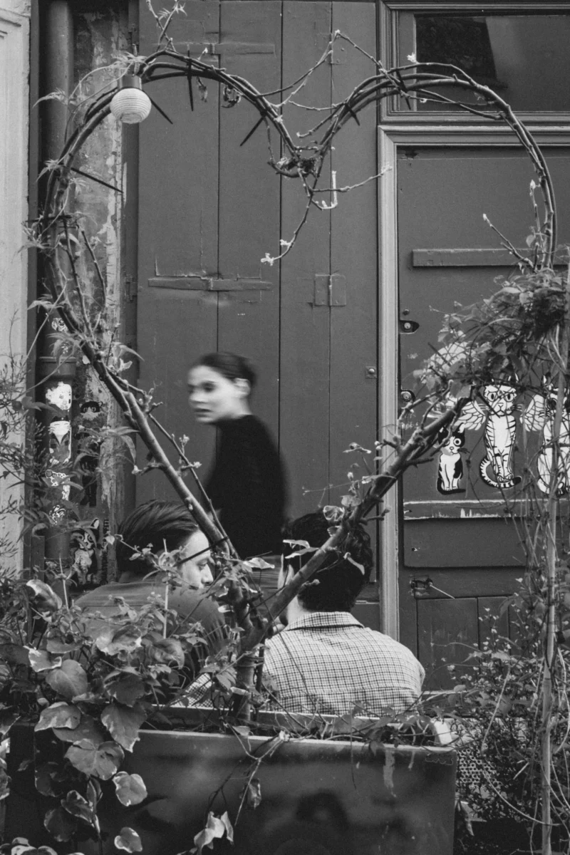 Marc Lab. · 21/03/2026 · 2191 x 3287 Cette photographie en noir et blanc met en scène deux personnes assises sous une arche végétale fleurie, probablement lors d’une fête ou d’un événement populaire. Le sujet principal est cette arche décorée, encadrée par une porte et une façade d’immeuble.La composition joue sur les contrastes entre les formes organiques des plantes et les lignes architecturales. Le cadrage serré isole les personnages et l’arche, créant une ambiance intime. La lumière semble naturelle, douce, accentuant les textures et les ombres. Le style est documentaire et poétique, évoquant une scène de vie quotidienne ou festive. L’ambiance est chaleureuse et nostalgique.
