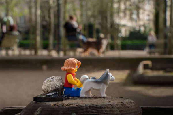 Juan MEDINA MARTINEZ · 7635 x 5093 Cette photographie met en scène un petit personnage Lego assis sur un rocher, accompagné d’un chien en peluche. Le sujet principal est ce duo miniature, contrastant avec l’arrière-plan flou d’un parc.La composition joue sur la proximité et le détail du premier plan, tandis que le fond, légèrement hors focus, crée une ambiance onirique. Le cadrage serré isole les personnages, renforçant leur importance.Les couleurs dominantes sont vives (jaune, rouge du Lego) et contrastent avec les tons naturels et neutres du parc. La lumière semble douce et naturelle, évoquant une journée ensoleillée. Le style est simple et poétique, avec une ambiance à la fois ludique et nostalgique.