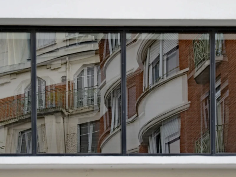 Arts déco à Boulogne Cette photographie montre un immeuble résidentiel en façade. Le **sujet principal** est l’architecture classique et légèrement vieillissante des bâtiments, avec des détails comme les balcons et les fenêtres.La **composition** est verticale, avec un **cadrage serré** sur les structures. La **lumière** semble naturelle mais tamisée, créant des contrastes doux. Les **couleurs dominantes** sont des tons neutres : gris, beige et rouge brique, adoucis par des touches de vert (végétation).Le **style** est réaliste et sobre, évoquant une ambiance urbaine **calme et un peu mélancolique**, typique des quartiers anciens.