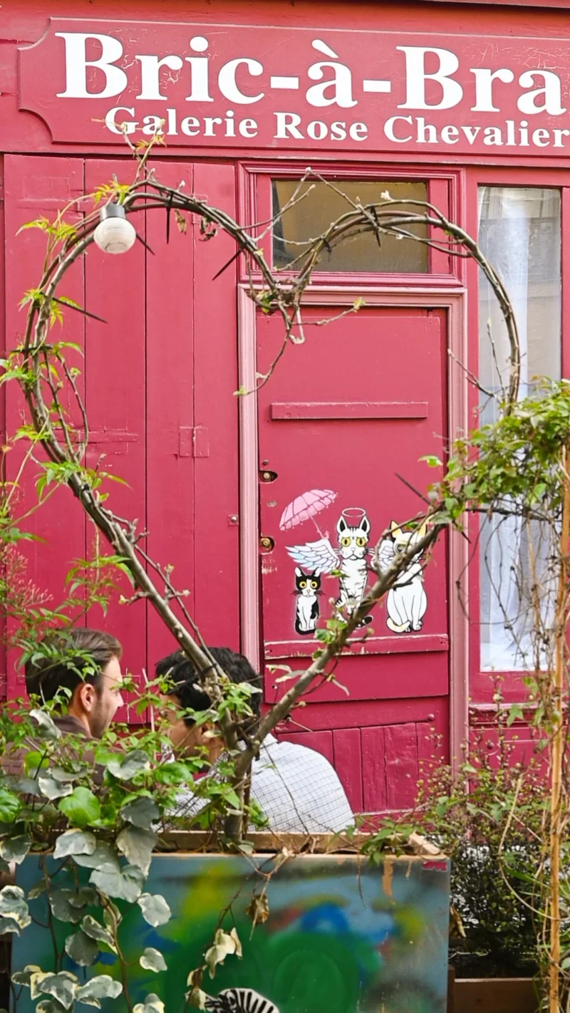 Aurélie · 01/01/2021 · 1080 x 1920 Cette photographie met en scène une porte rouge vif de la galerie "Bric-à-Brac Galerie Rose Chevalier". Le sujet principal est l'entrée décorée de plantes grimpantes et de fleurs, avec un pot de géraniums en premier plan. Le cadrage est serré, centré sur la porte et ses ornements végétaux.Les couleurs dominantes sont le rouge intense de la porte et les verts des plantes. La lumière semble naturelle, douce et légèrement tamisée, créant une ambiance chaleureuse et accueillante. Le style est pittoresque et romantique, évoquant un charme vintage et artisanal.